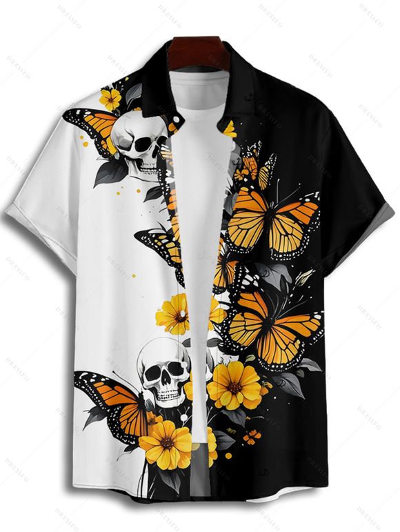 Gothic Couple Outfit Skulls Butterfly Print Monochrome Ruched Bust Dress and Button Up Shirt Holiday Matching Outfit - Noir S | US 4