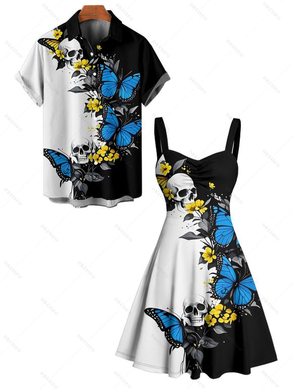 Gothic Couple Outfit Skulls Butterfly Print Monochrome Ruched Bust Dress and Button Up Shirt Holiday Matching Outfit - Bleu S | US 4