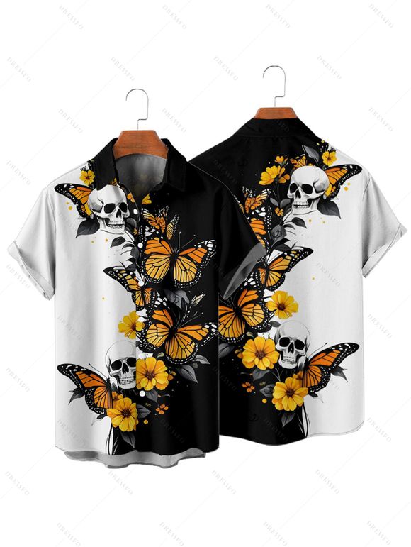 Gothic Couple Outfit Skulls Butterfly Print Monochrome Ruched Bust Dress and Button Up Shirt Holiday Matching Outfit - Noir S | US 4