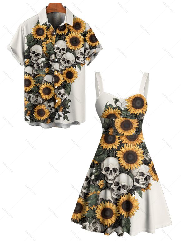 Gothic Couple Outfit Sunflower Skulls Leaf Print Ruched Bust Sweetheart Neck A Line Mini Dress and Button Up Shirt Holiday Matching Outfit - Beige S | US 4