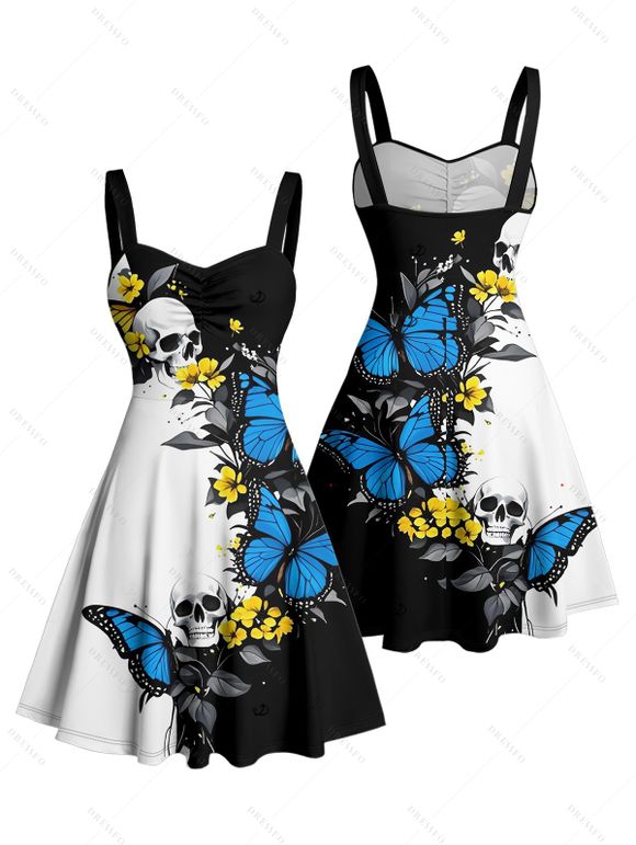 Gothic Couple Outfit Skulls Butterfly Print Monochrome Ruched Bust Dress and Button Up Shirt Holiday Matching Outfit - Bleu S | US 4