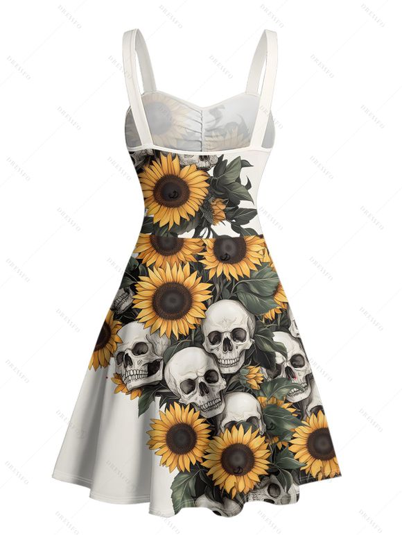 Gothic Couple Outfit Sunflower Skulls Leaf Print Ruched Bust Sweetheart Neck A Line Mini Dress and Button Up Shirt Holiday Matching Outfit - Beige S | US 4