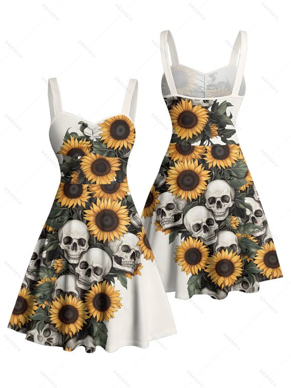 Gothic Couple Outfit Sunflower Skulls Leaf Print Ruched Bust Sweetheart Neck A Line Mini Dress and Button Up Shirt Holiday Matching Outfit - Beige S | US 4