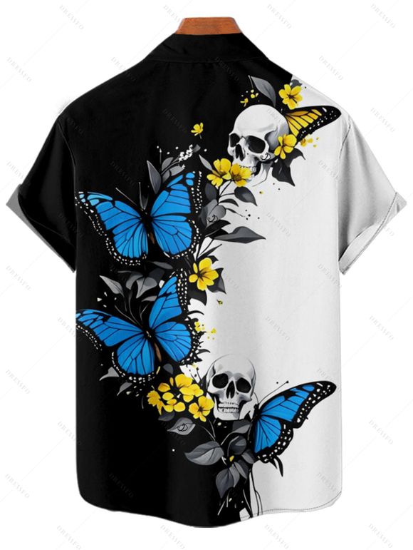 Gothic Couple Outfit Skulls Butterfly Print Monochrome Ruched Bust Dress and Button Up Shirt Holiday Matching Outfit - Bleu S | US 4