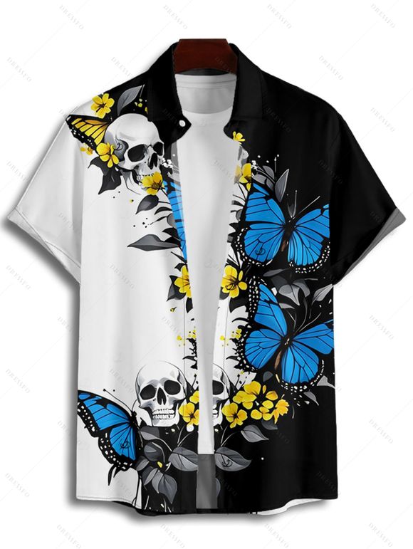 Gothic Couple Outfit Skulls Butterfly Print Monochrome Ruched Bust Dress and Button Up Shirt Holiday Matching Outfit - Bleu S | US 4