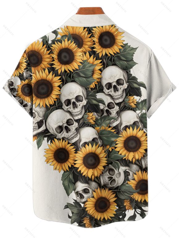 Gothic Couple Outfit Sunflower Skulls Leaf Print Ruched Bust Sweetheart Neck A Line Mini Dress and Button Up Shirt Holiday Matching Outfit - Beige S | US 4