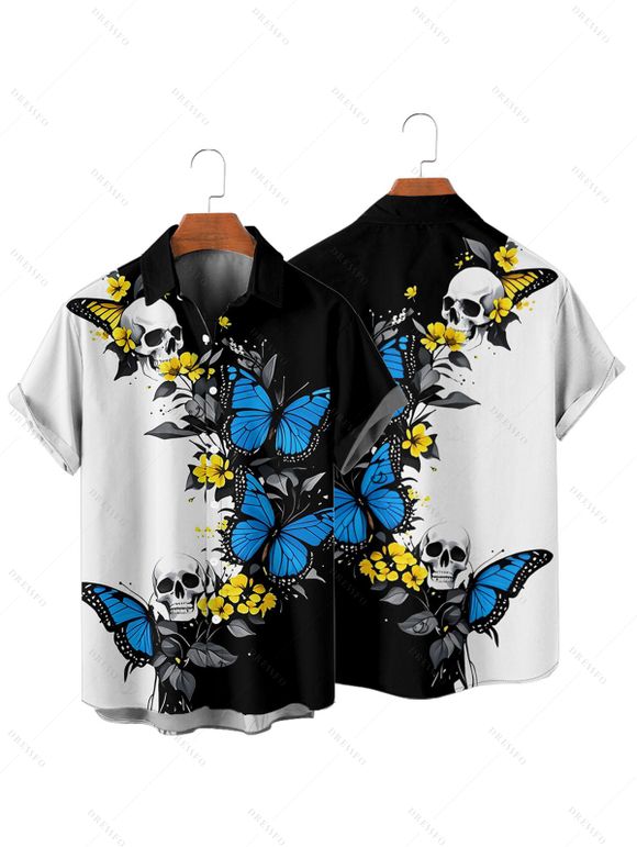 Gothic Couple Outfit Skulls Butterfly Print Monochrome Ruched Bust Dress and Button Up Shirt Holiday Matching Outfit - Bleu S | US 4