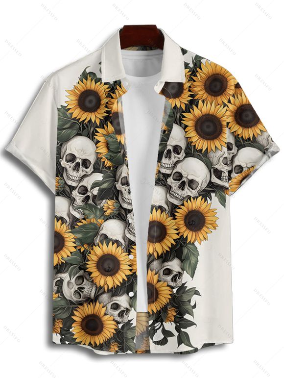 Gothic Couple Outfit Sunflower Skulls Leaf Print Ruched Bust Sweetheart Neck A Line Mini Dress and Button Up Shirt Holiday Matching Outfit - Beige S | US 4