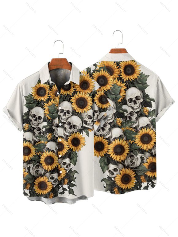 Gothic Couple Outfit Sunflower Skulls Leaf Print Ruched Bust Sweetheart Neck A Line Mini Dress and Button Up Shirt Holiday Matching Outfit - Beige S | US 4