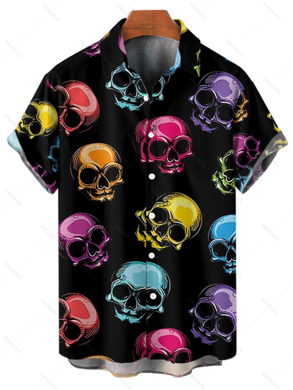 Chemise gothique à imprimé tête de mort colorée pour homme, boutonnée, retroussée, manches courtes, pour les fêtes - multicolor 5XL