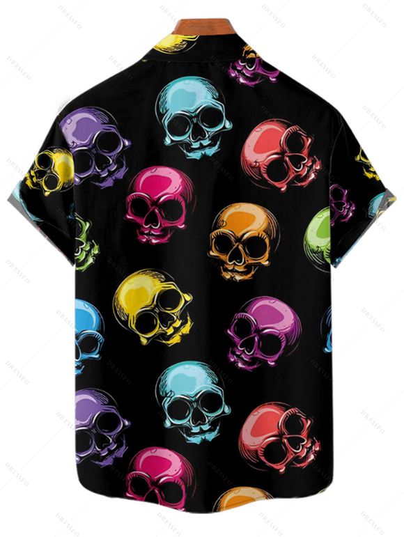 Chemise gothique à imprimé tête de mort colorée pour homme, boutonnée, retroussée, manches courtes, pour les fêtes - multicolor 5XL