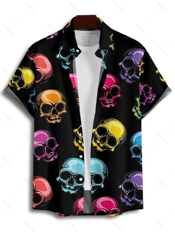 Chemise gothique à imprimé tête de mort colorée pour homme, boutonnée, retroussée, manches courtes, pour les fêtes - multicolor 5XL