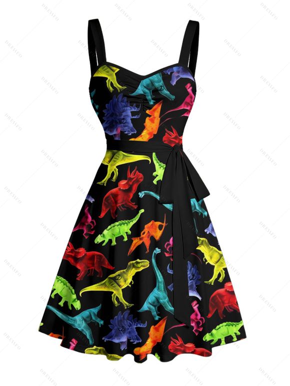 Robe gothique à imprimé dinosaure coloré, buste froncé, ceinture, col en cœur, coupe trapèze, mini robe de vacances - Noir 5XL