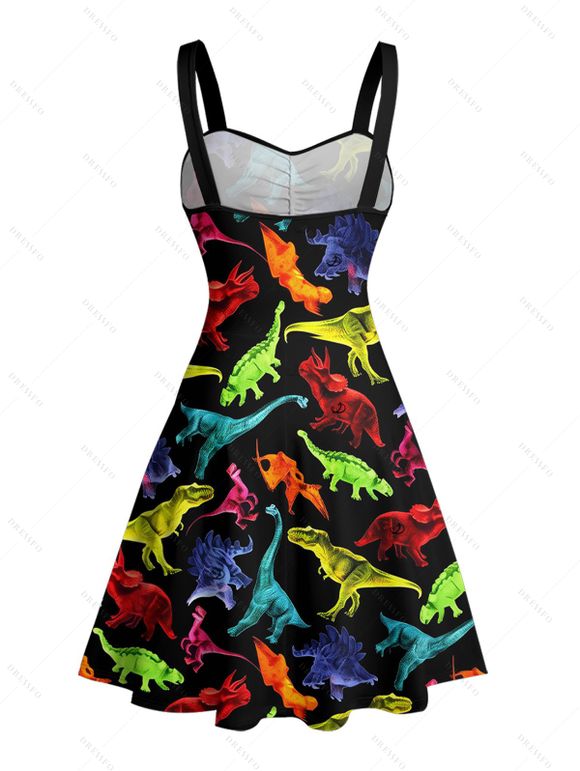 Robe gothique à imprimé dinosaure coloré, buste froncé, ceinture, col en cœur, coupe trapèze, mini robe de vacances - Noir 5XL