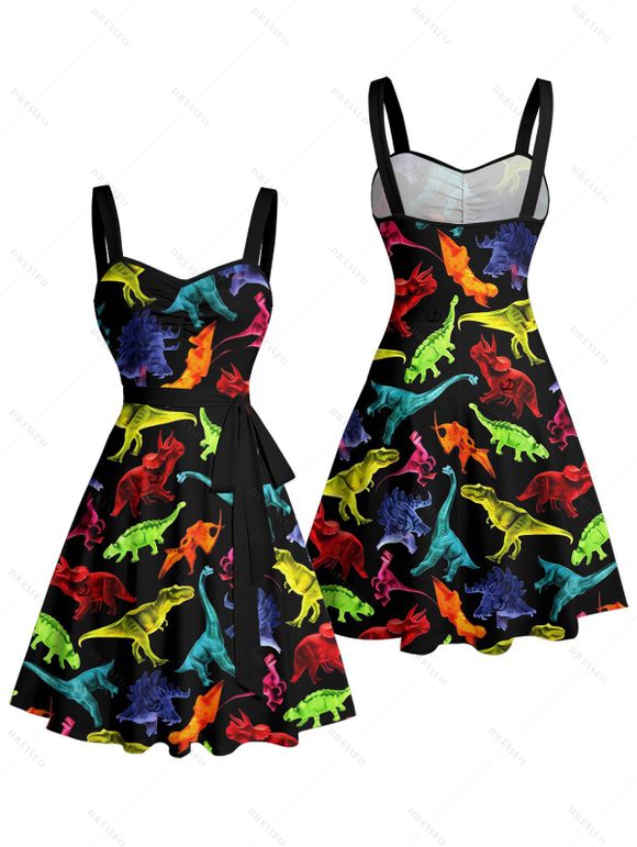 Robe gothique à imprimé dinosaure coloré, buste froncé, ceinture, col en cœur, coupe trapèze, mini robe de vacances - Noir 5XL