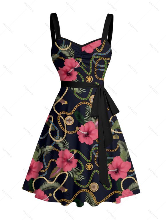 Robe de vacances à motif floral et chaîne sur toute la surface, ceinture froncée sur le buste, col en cœur, mini-robe décontractée trapèze - Noir XXXXXL | US 20