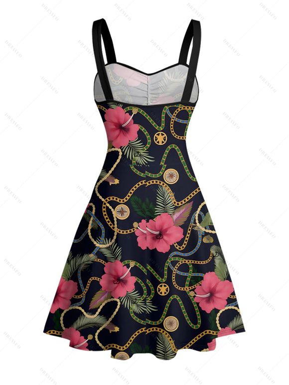 Robe de vacances à motif floral et chaîne sur toute la surface, ceinture froncée sur le buste, col en cœur, mini-robe décontractée trapèze - Noir XXXXXL | US 20