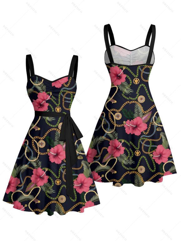 Robe de vacances à motif floral et chaîne sur toute la surface, ceinture froncée sur le buste, col en cœur, mini-robe décontractée trapèze - Noir XXXXXL | US 20
