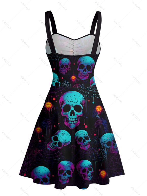 Robe gothique à imprimé tête de mort et toile d'araignée, buste froncé, décolleté en cœur, mini robe de vacances trapèze - Noir XXXXXL | US 20