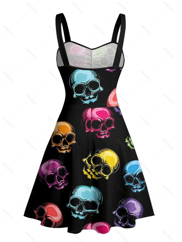 Robe gothique à imprimé tête de mort colorée, buste froncé, col en cœur, mini robe de vacances trapèze - multicolor XXXXXL | US 20