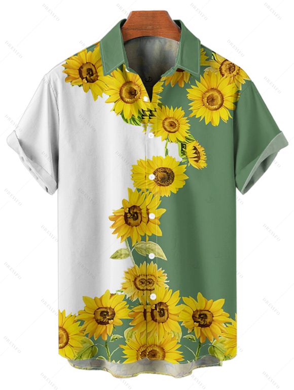 Chemise de vacances à motif tournesol pour homme, couleur contrastée, boutonnée, retroussée, manches courtes, décontractée - Vert M
