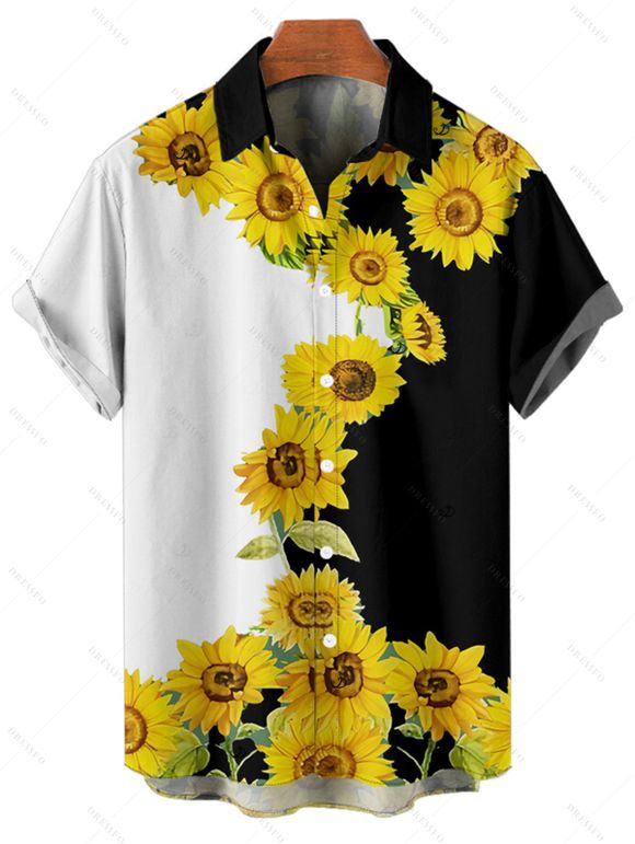 Chemise de vacances à motif tournesol pour homme, couleur contrastée, boutonnée, retroussée, manches courtes, décontractée - Noir 5XL