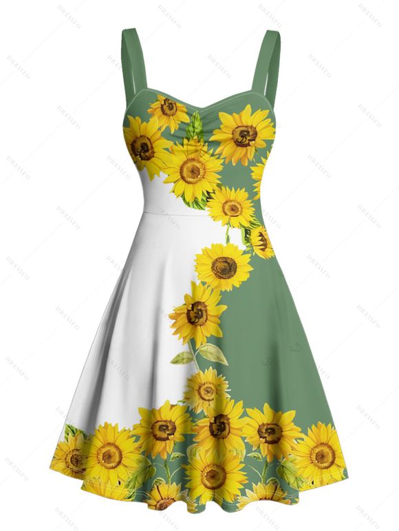 Robe de vacances à motif tournesol, couleur contrastée, buste froncé, col en cœur, mini-robe décontractée trapèze - Vert XXXXXL | US 20
