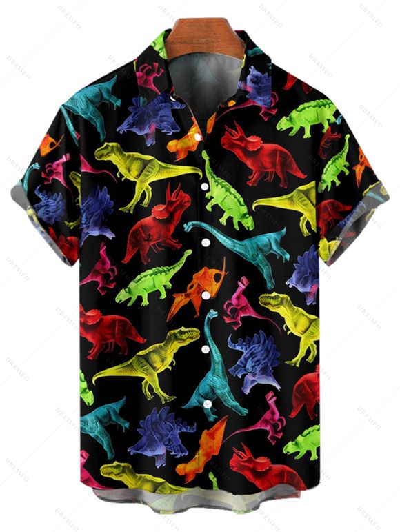 Chemise gothique à imprimé dinosaure coloré pour homme, boutonnée, retroussée, manches courtes, pour les fêtes - Noir 5XL