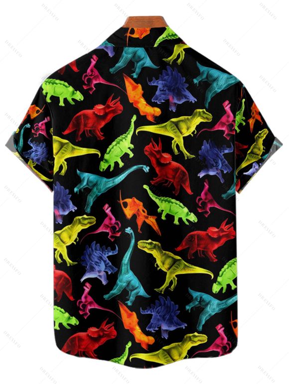 Chemise gothique à imprimé dinosaure coloré pour homme, boutonnée, retroussée, manches courtes, pour les fêtes - Noir 5XL
