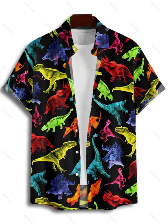 Chemise gothique à imprimé dinosaure coloré pour homme, boutonnée, retroussée, manches courtes, pour les fêtes - Noir 5XL