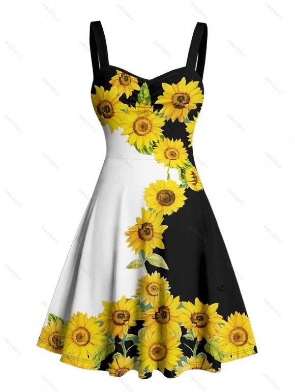 Robe de vacances à motif tournesol, couleur contrastée, buste froncé, col en cœur, mini-robe décontractée trapèze - Noir XXXXXL | US 20