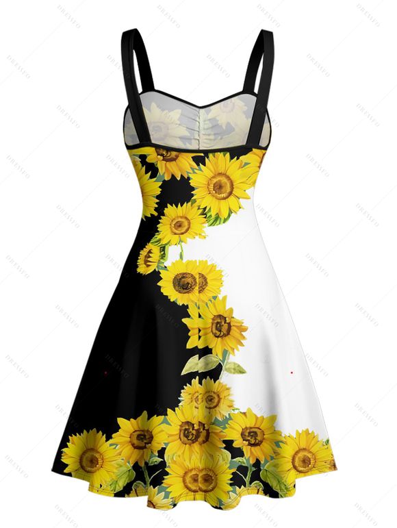 Robe de vacances à motif tournesol, couleur contrastée, buste froncé, col en cœur, mini-robe décontractée trapèze - Noir XL | US 12
