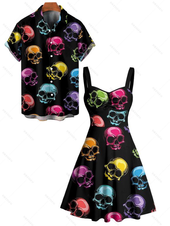 Gothic Couple Outfit Colored Skull Print Ruched Bust Sweetheart Neck A Line Mini Dress and Button Up Shirt Holiday Matching Outfit - multicolor S | US 4