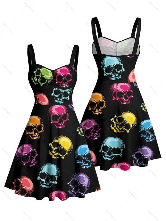 Gothic Couple Outfit Colored Skull Print Ruched Bust Sweetheart Neck A Line Mini Dress and Button Up Shirt Holiday Matching Outfit - multicolor S | US 4