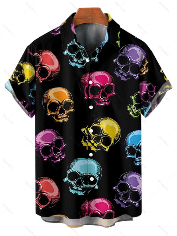 Gothic Couple Outfit Colored Skull Print Ruched Bust Sweetheart Neck A Line Mini Dress and Button Up Shirt Holiday Matching Outfit - multicolor S | US 4