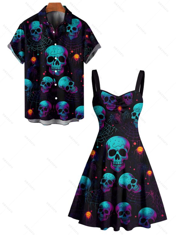 Gothic Couple Outfit Skulls Spider Web Print Ruched Bust Sweetheart Neck A Line Mini Dress and Button Up Shirt Holiday Matching Outfit - Noir S | US 4