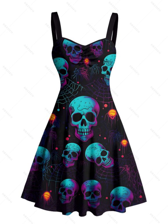 Gothic Couple Outfit Skulls Spider Web Print Ruched Bust Sweetheart Neck A Line Mini Dress and Button Up Shirt Holiday Matching Outfit - Noir S | US 4