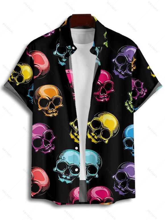 Gothic Couple Outfit Colored Skull Print Ruched Bust Sweetheart Neck A Line Mini Dress and Button Up Shirt Holiday Matching Outfit - multicolor S | US 4
