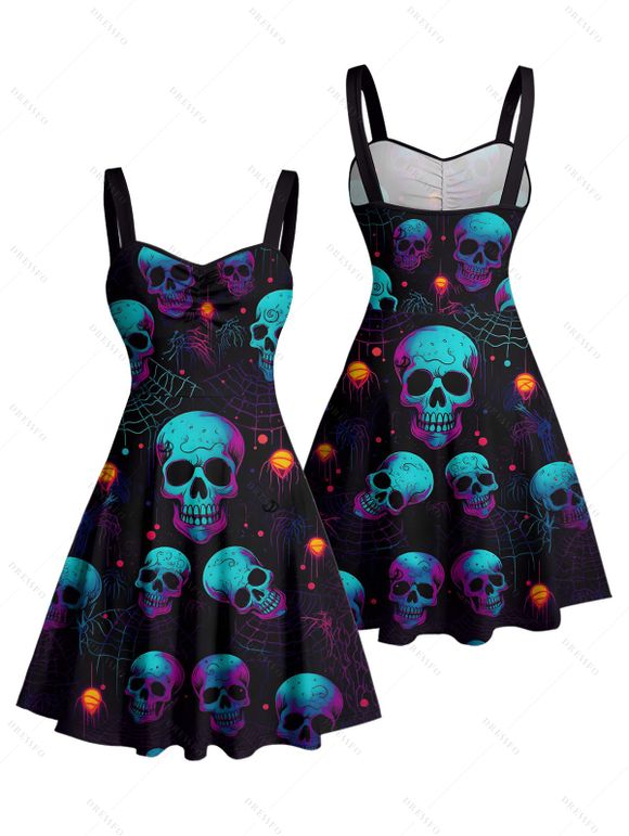 Gothic Couple Outfit Skulls Spider Web Print Ruched Bust Sweetheart Neck A Line Mini Dress and Button Up Shirt Holiday Matching Outfit - Noir S | US 4