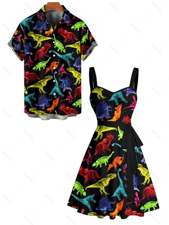 Gothic Couple Outfit Colored Dinosaur Print Ruched Bust Belt Sweetheart Neck A Line Mini Dress and Button Up Shirt Holiday Matching Outfit - Noir S | US 4