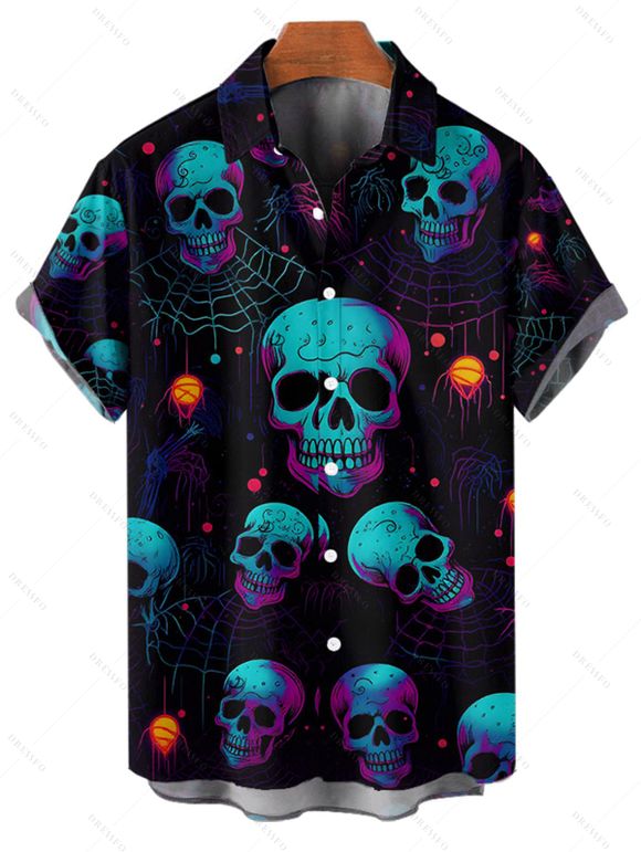 Gothic Couple Outfit Skulls Spider Web Print Ruched Bust Sweetheart Neck A Line Mini Dress and Button Up Shirt Holiday Matching Outfit - Noir S | US 4