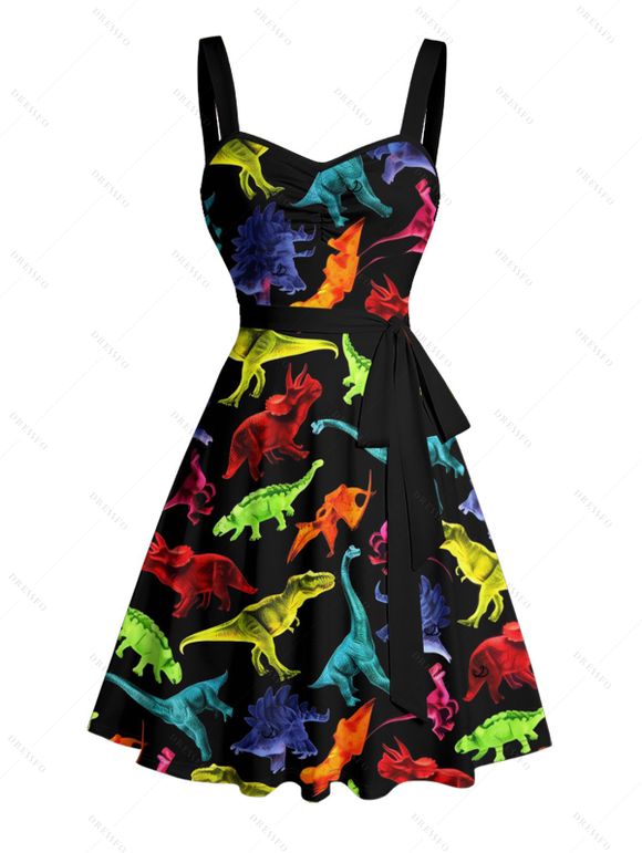 Gothic Couple Outfit Colored Dinosaur Print Ruched Bust Belt Sweetheart Neck A Line Mini Dress and Button Up Shirt Holiday Matching Outfit - Noir S | US 4