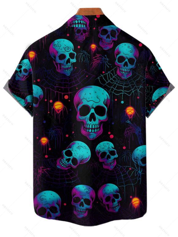 Gothic Couple Outfit Skulls Spider Web Print Ruched Bust Sweetheart Neck A Line Mini Dress and Button Up Shirt Holiday Matching Outfit - Noir S | US 4