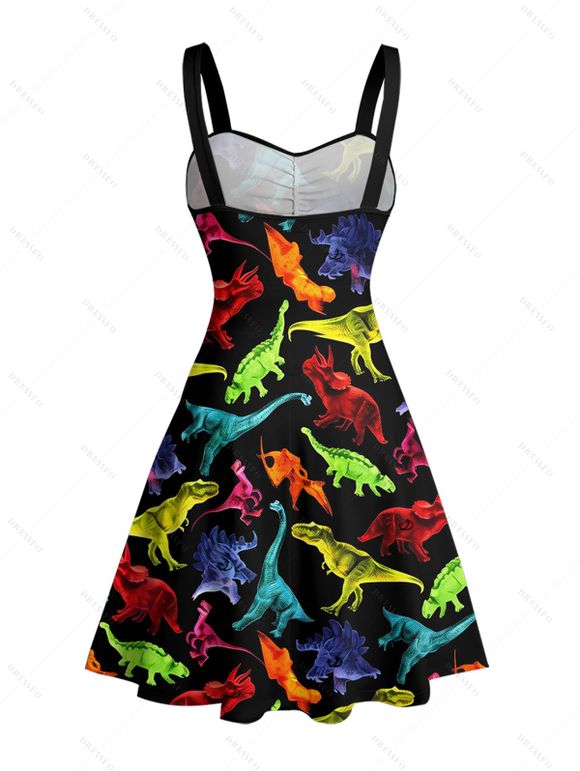 Gothic Couple Outfit Colored Dinosaur Print Ruched Bust Belt Sweetheart Neck A Line Mini Dress and Button Up Shirt Holiday Matching Outfit - Noir S | US 4