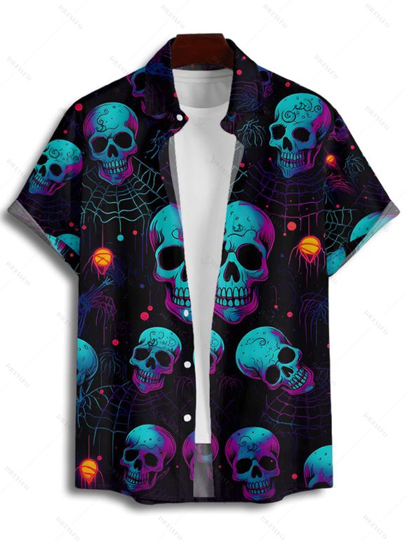 Gothic Couple Outfit Skulls Spider Web Print Ruched Bust Sweetheart Neck A Line Mini Dress and Button Up Shirt Holiday Matching Outfit - Noir S | US 4