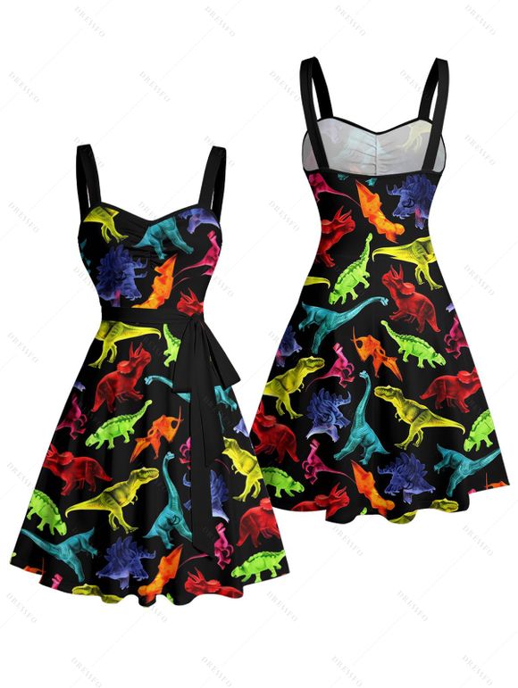 Gothic Couple Outfit Colored Dinosaur Print Ruched Bust Belt Sweetheart Neck A Line Mini Dress and Button Up Shirt Holiday Matching Outfit - Noir S | US 4