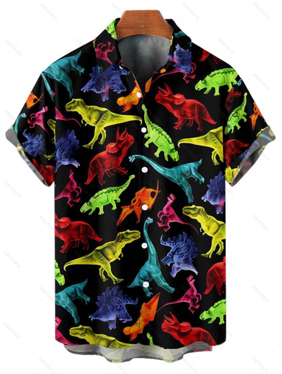 Gothic Couple Outfit Colored Dinosaur Print Ruched Bust Belt Sweetheart Neck A Line Mini Dress and Button Up Shirt Holiday Matching Outfit - Noir S | US 4