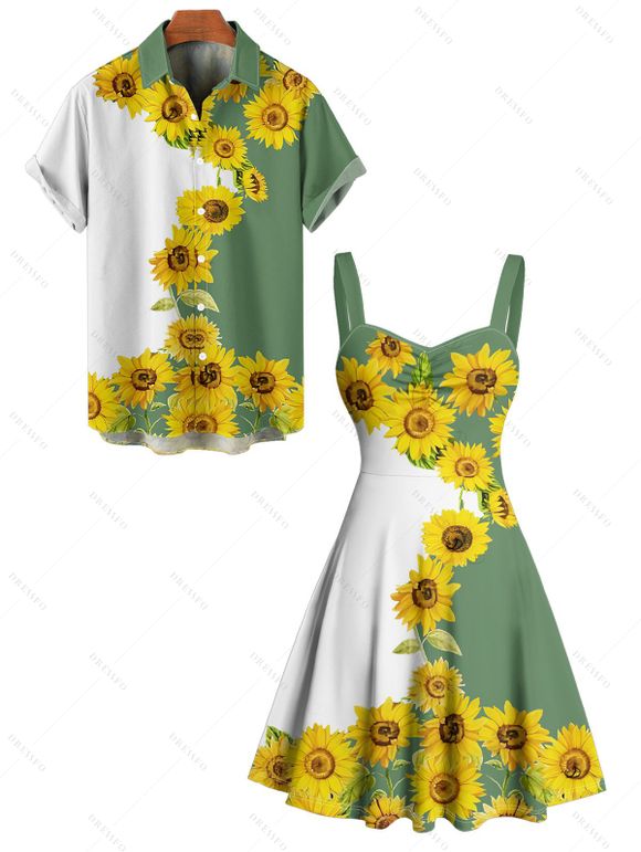 Vacation Couple Outfit Sunflower Pattern Contrast Color Ruched Bust Sweetheart Neck A Line Mini Dress and Button Up Shirt Matching Outfit - Vert S | US 4