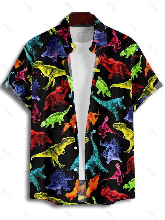 Gothic Couple Outfit Colored Dinosaur Print Ruched Bust Belt Sweetheart Neck A Line Mini Dress and Button Up Shirt Holiday Matching Outfit - Noir S | US 4