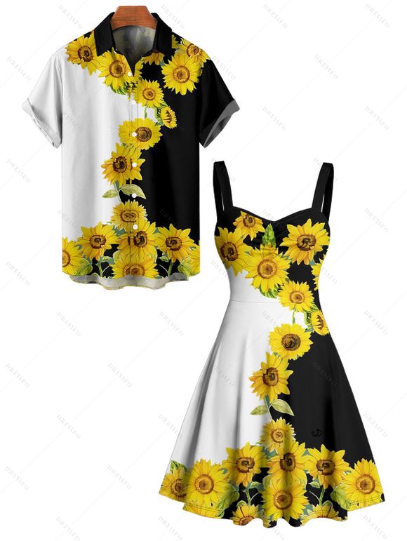 Vacation Couple Outfit Sunflower Pattern Contrast Color Ruched Bust Sweetheart Neck A Line Mini Dress and Button Up Shirt Matching Outfit - Noir S | US 4
